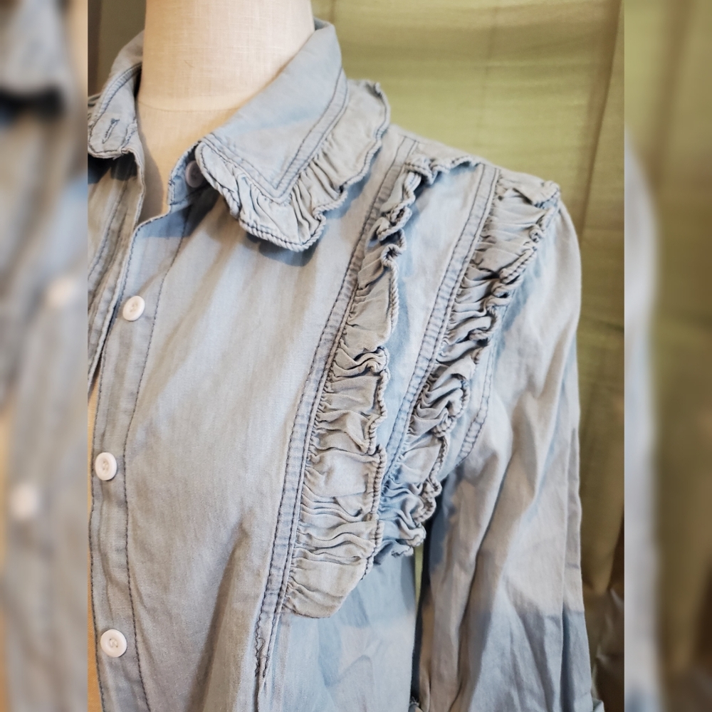 NWT Nasty Gal Chambray Ruffle Button Down - Picture 4 of 7